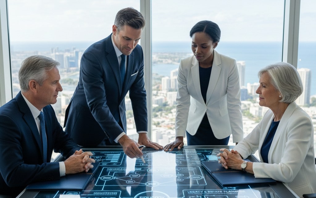 A mature couple standing on a luxury white balcony overlooking a navy blue ocean with a sleek yacht, representing a high-net-worth retirement.