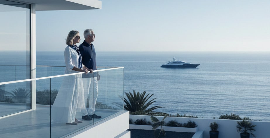 A sophisticated retired couple standing on a modern white balcony overlooking a calm navy blue ocean with a luxury yacht in the distance.
