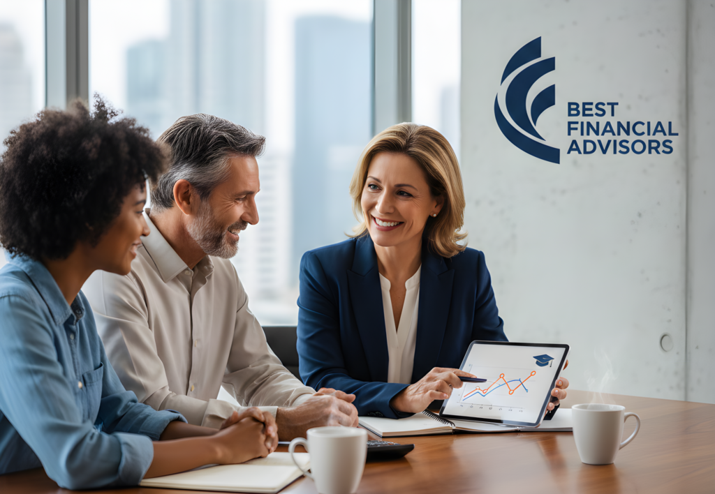 A female fiduciary financial advisor in a navy blazer showing a growth chart on a tablet to a diverse couple in a sunlit office.