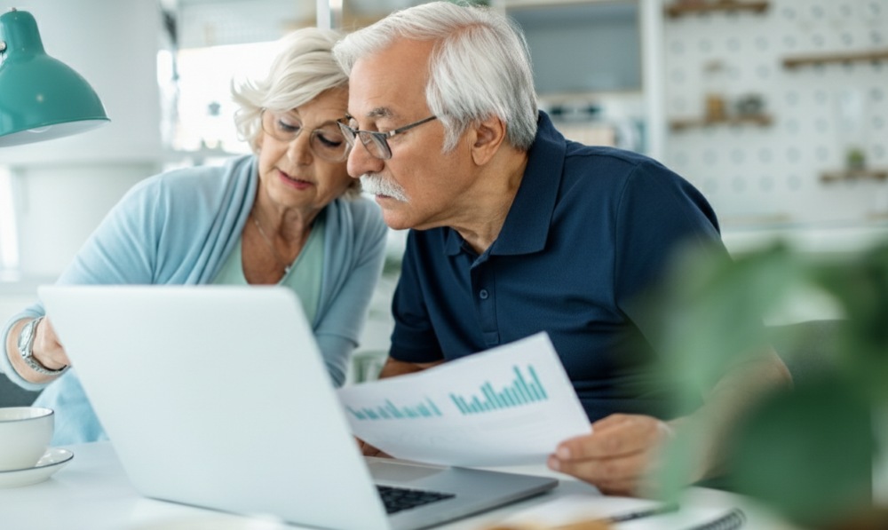 Two elderly people searching for the best retirement plans.