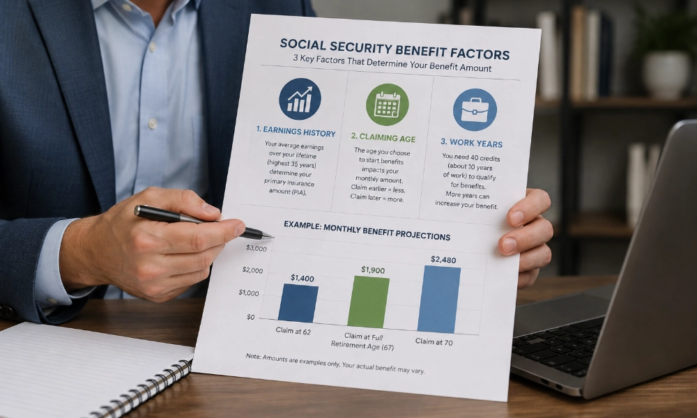 financial planner pointing to a printed chart showing retirement income projections