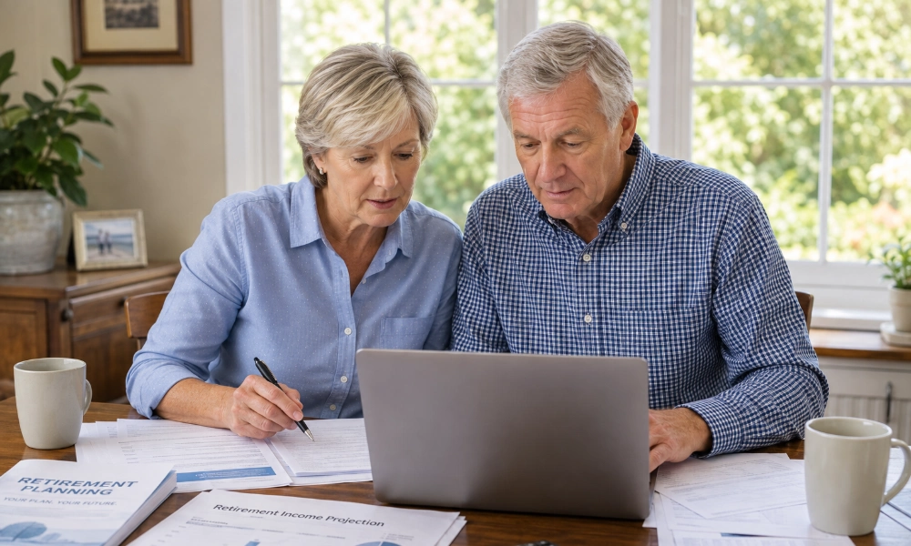 couple reviewing retirement planning paperwork together at a dining table with a laptop open to the SSA website