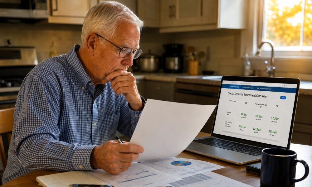 senior man reviewing retirement planning documents at a kitchen