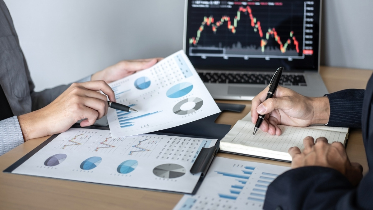 printed financial report featuring data visualizations